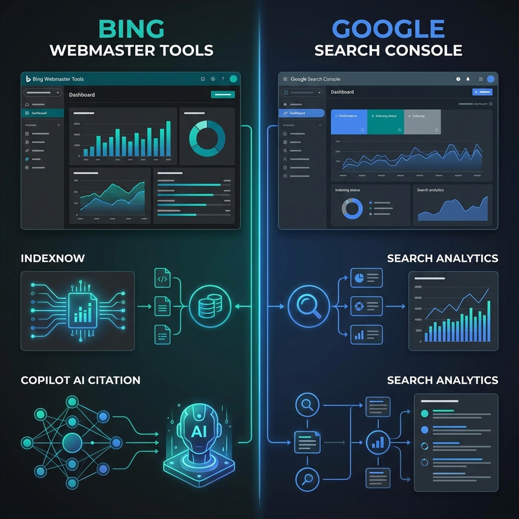 Bing Webmaster Tools vs Google Search Console: key differences in indexing, social signals, and AI citations