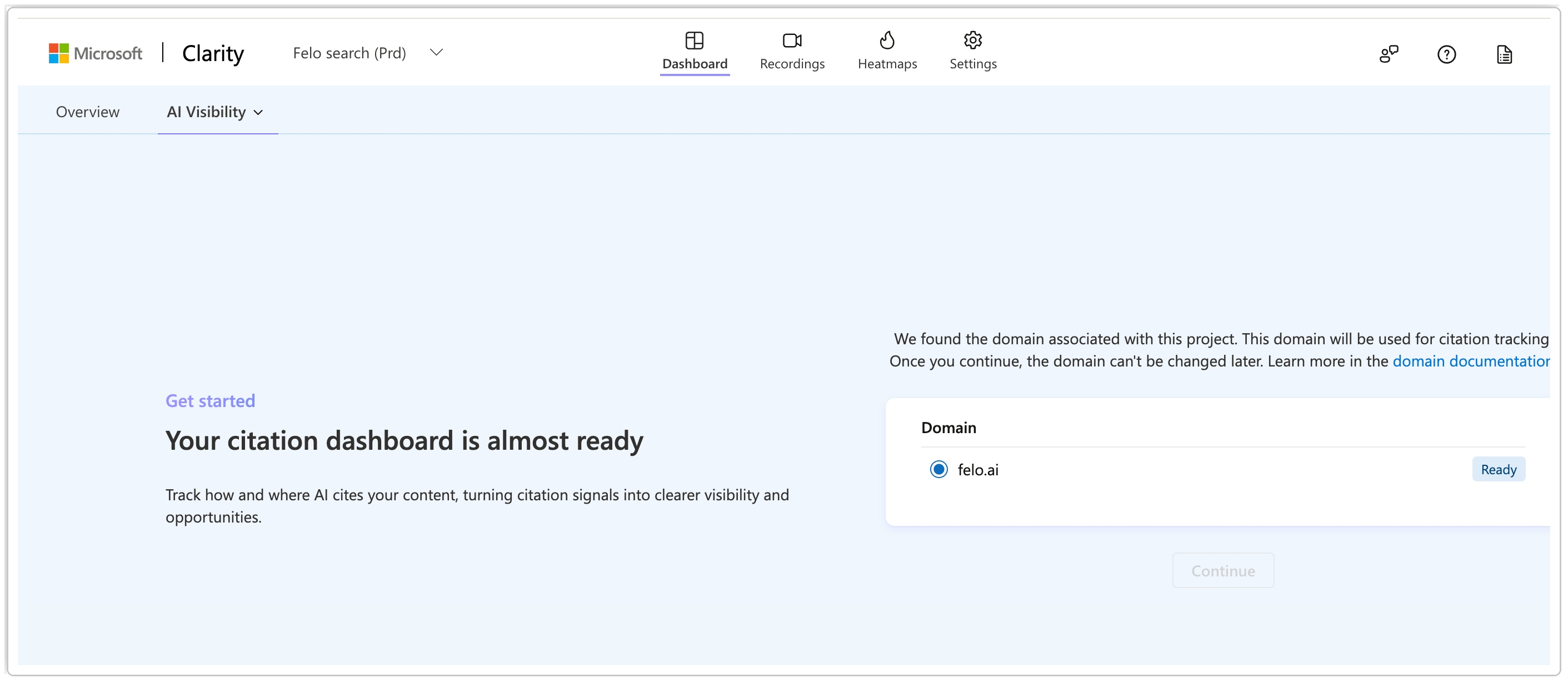 Microsoft Clarity AI Citations Dashboard mit Marken-/Nicht-Marken-Filter, Anfragenliste und Share-of-Authority-Panel