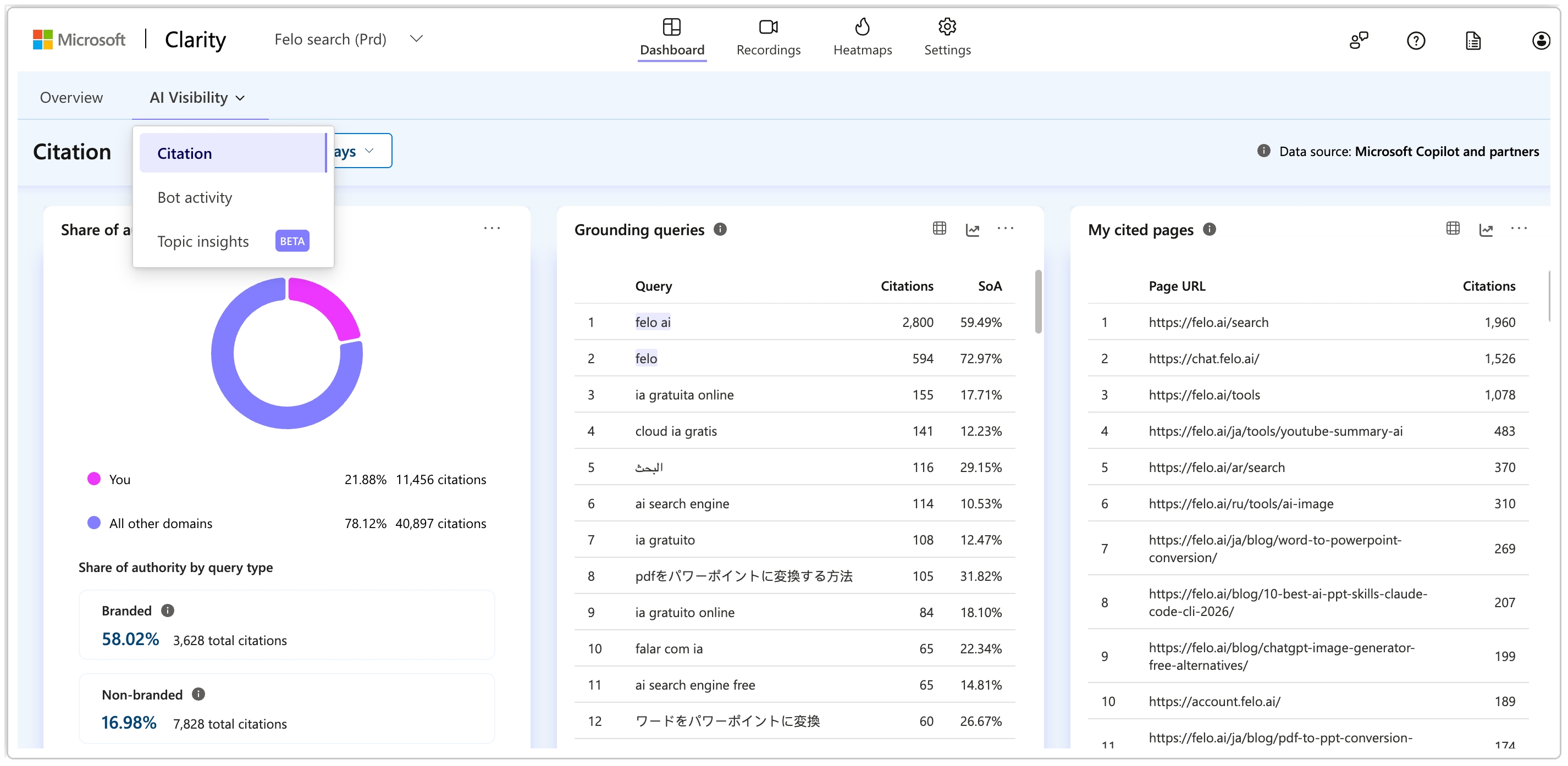 Microsoft Clarity Citations Dashboard gefiltert auf nur Markenanfragen