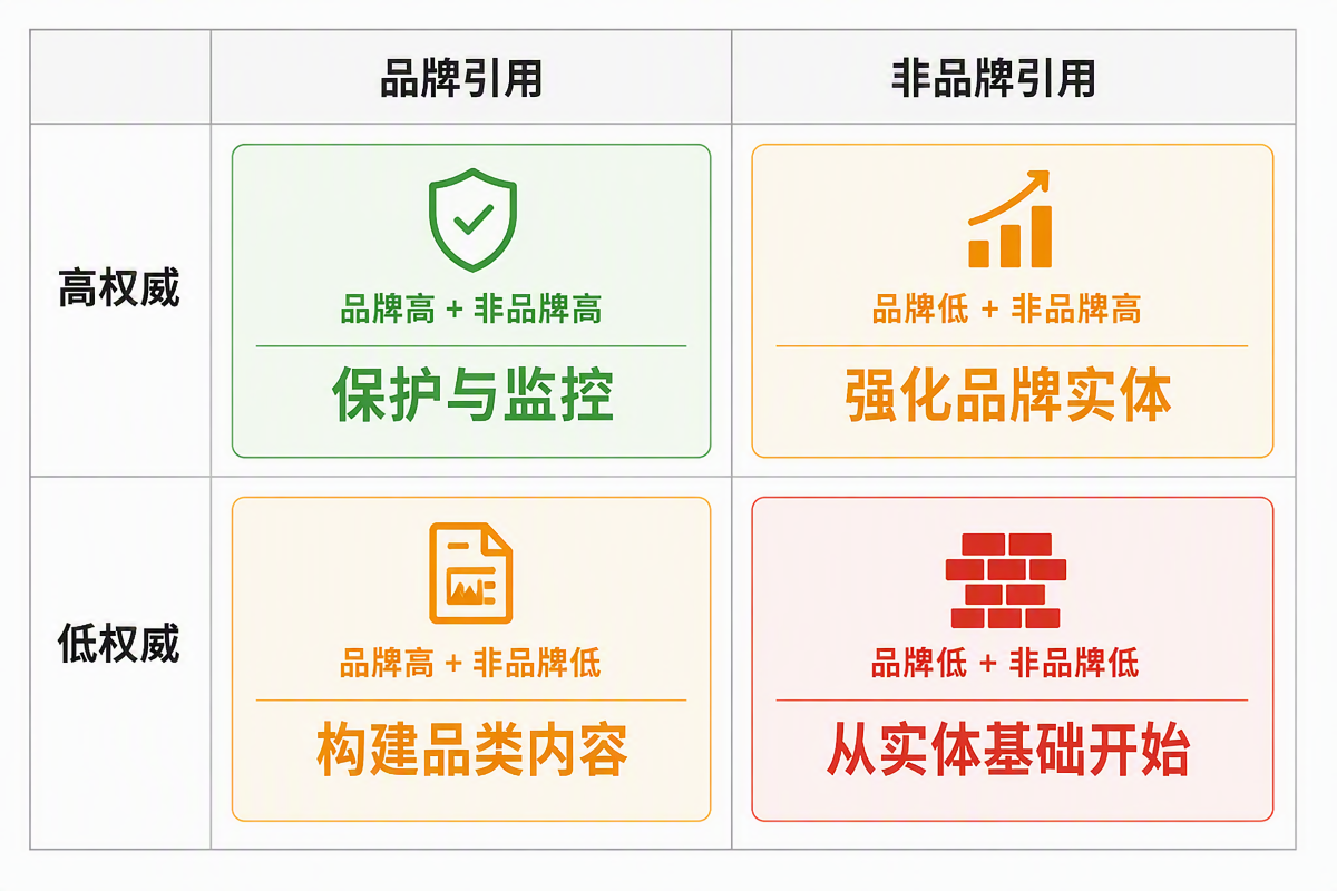 基于品牌与非品牌引用权威水平的四种场景的战略决策矩阵