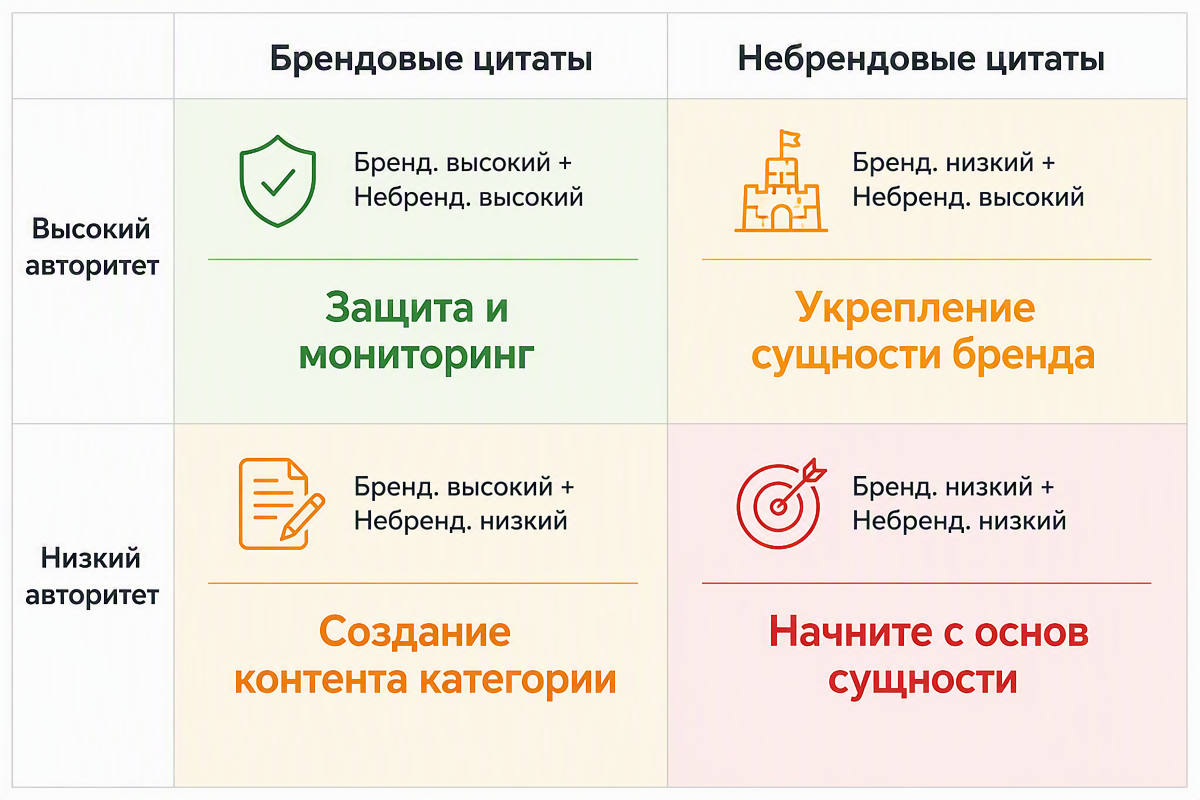 Стратегическая матрица решений, показывающая четыре сценария на основе уровней авторитета брендовых и небрендовых цитирований