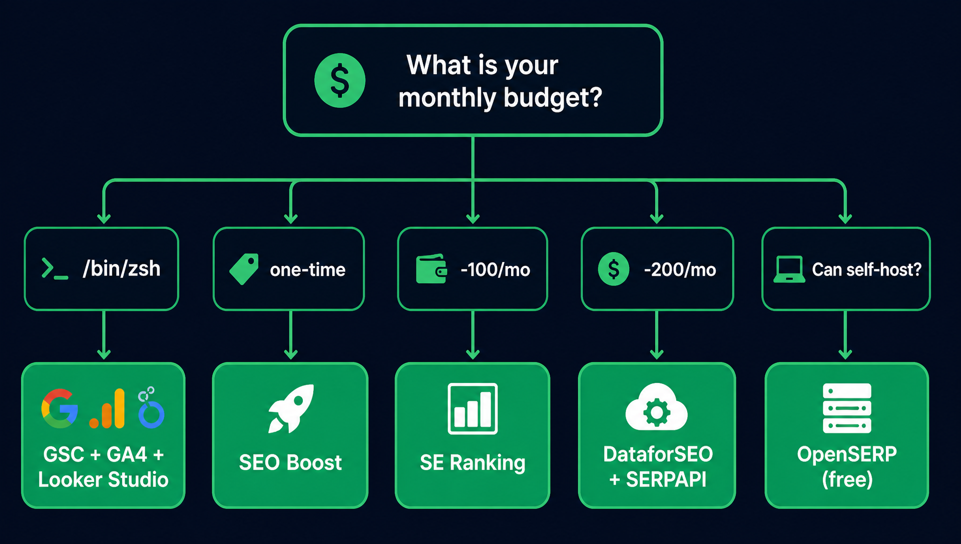 Decision flowchart helping beginners choose the right SEO reporting tool based on their monthly budget and existing tool subscriptions.