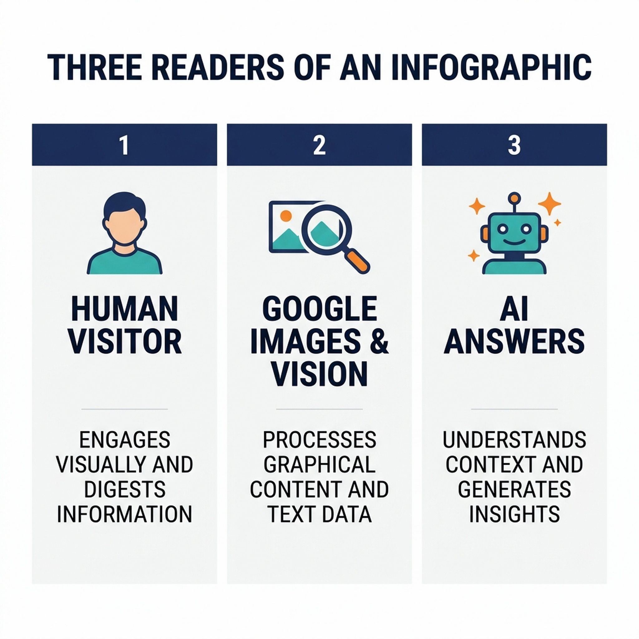 Three readers of an infographic in 2026: the human visitor, Google Images and visual search, and AI answers.
