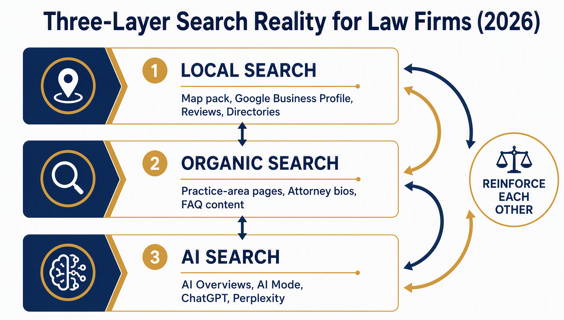 Three-layer search reality for law firms in 2026: local search, organic search, and AI search reinforce each other