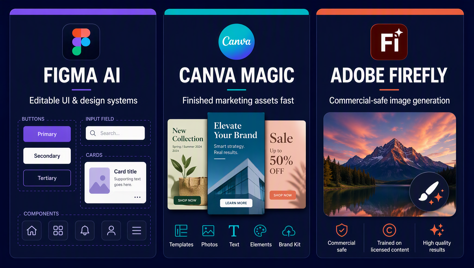 Figma AI, Canva Magic Studio, and Adobe Firefly compared by best fit: editable UI, finished marketing assets, and commercial-safe image generation