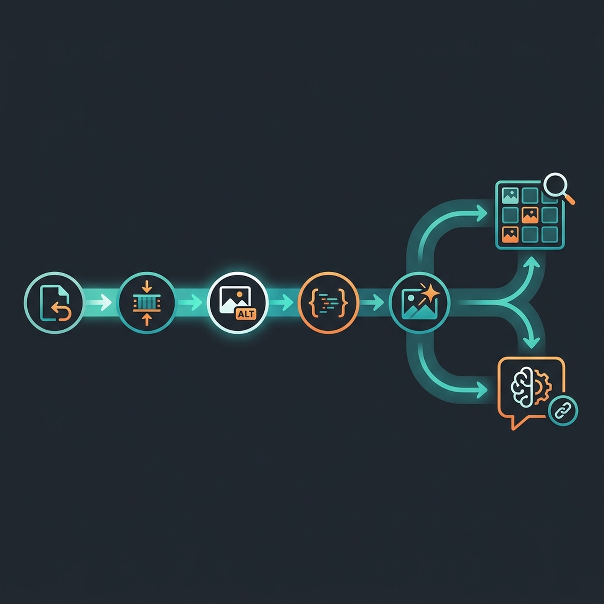 Five-step image SEO pipeline (rename, compress, alt text, schema, original) flowing into Google Images and AI/Lens citation channels