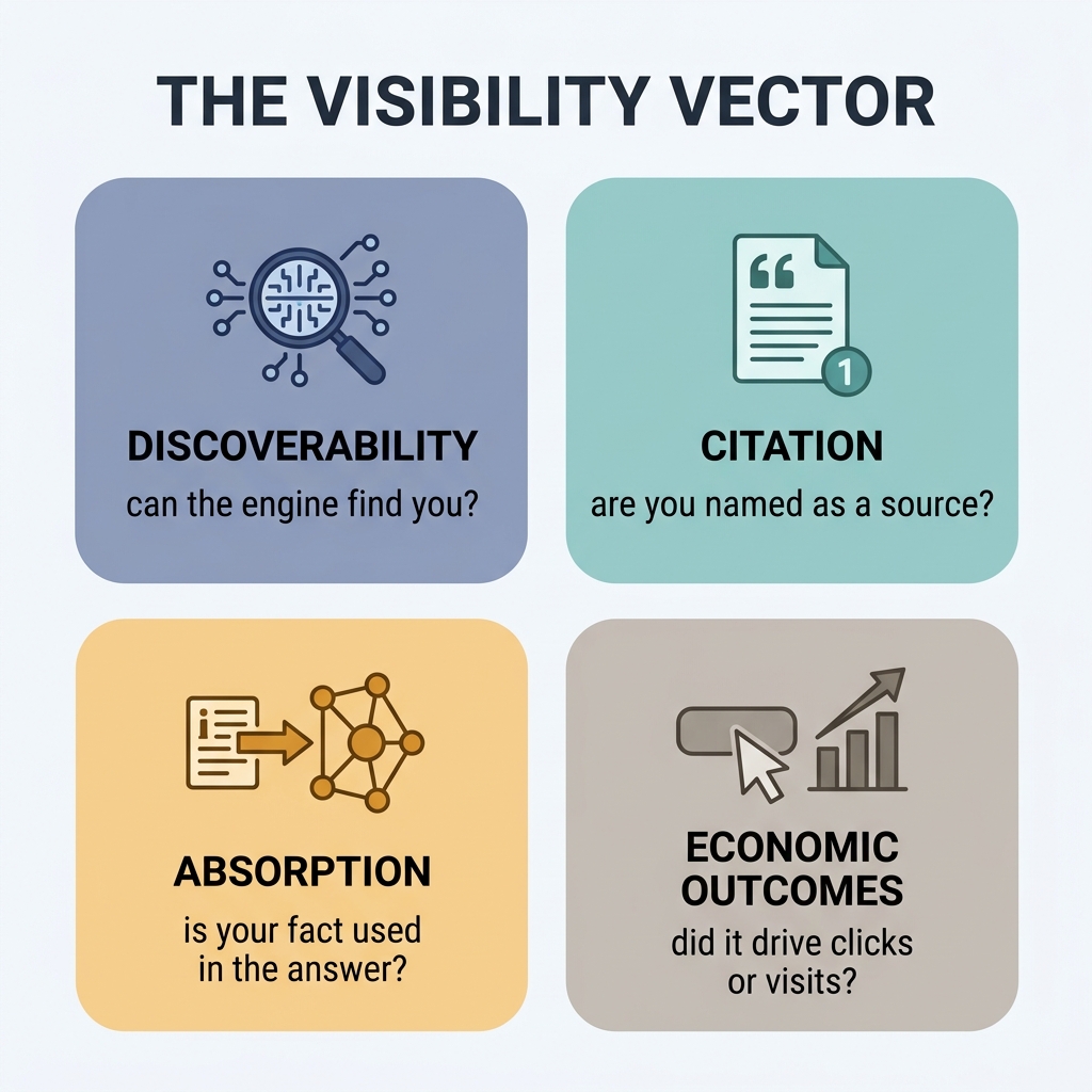 Four-quadrant chart of the GEO visibility vector: discoverability, citation, absorption, and economic outcomes, each with a check method.