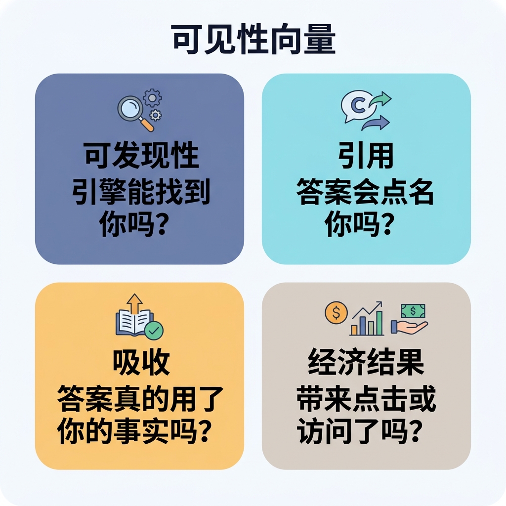 可见性向量四象限图：可发现性、引用、吸收、经济结果，每个象限附一句检查方法。