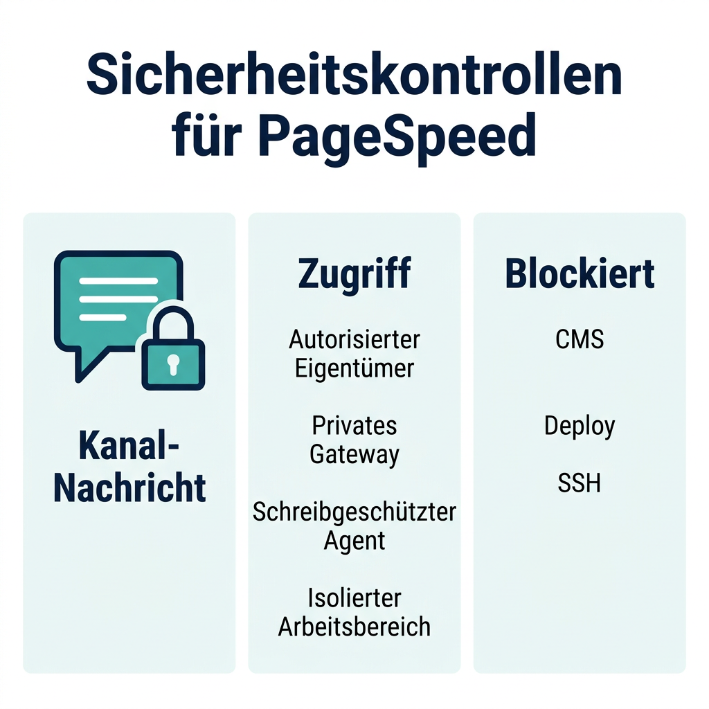 OpenClaw-Gateway-Sicherheitskontrollen, die die Ausführung eines PageSpeed-Audits auf einen autorisierten Eigentümer und einen isolierten schreibgeschützten Agenten begrenzen.