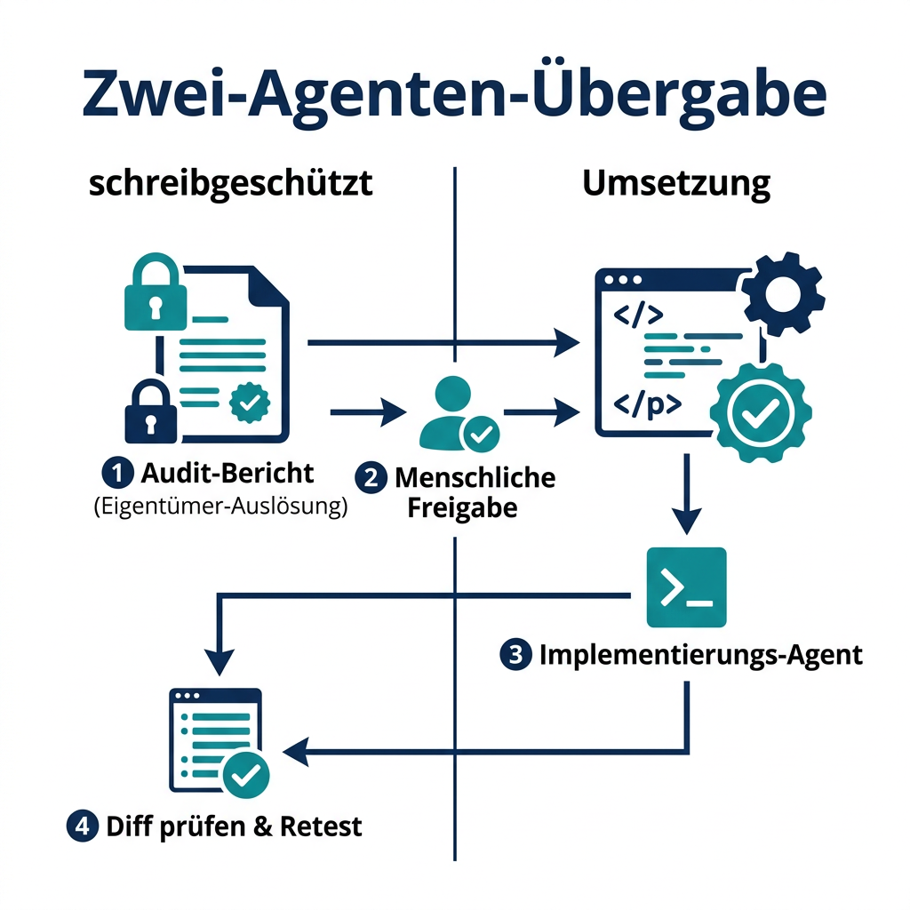Zwei-Agenten-Übergabe, die einen eigentümerausgelösten OpenClaw-PageSpeed-Audit-Bericht von einer menschlich freigegebenen Umsetzung, geprüftem Diff und Retest trennt.