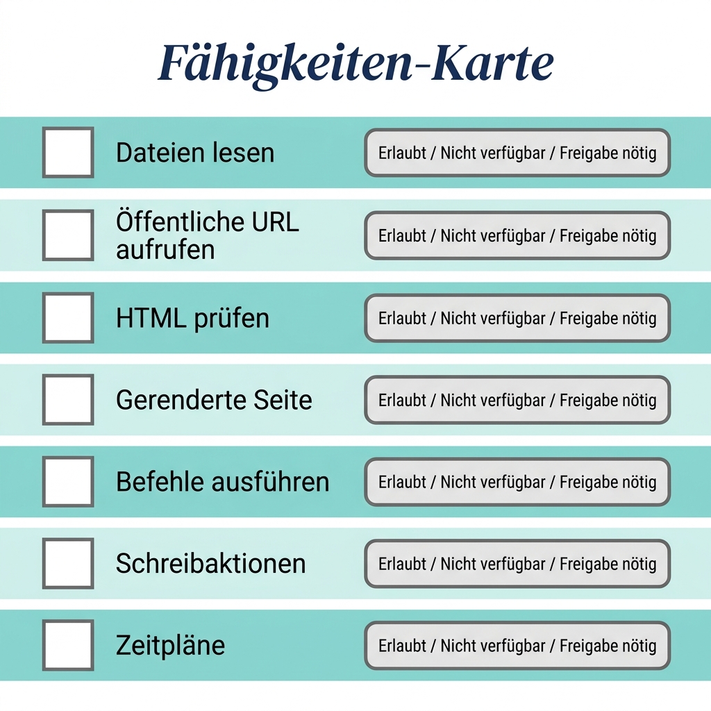 Leere Workbubby-Fähigkeiten-Checkliste-Vorlage für Dateien lesen, Seite aufrufen, HTML prüfen, gerenderte Seite, Befehle ausführen, Schreibaktionen und Zeitpläne