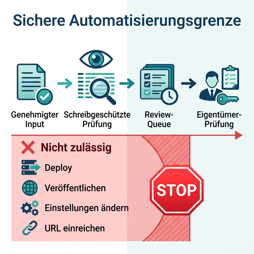 Sichere Workbubby-Automatisierungsgrenze von genehmigtem Input über schreibgeschützten Check und Review-Queue bis zur Eigentümer-Prüfung, ohne Deploy, Veröffentlichung und Einstellungsänderungen