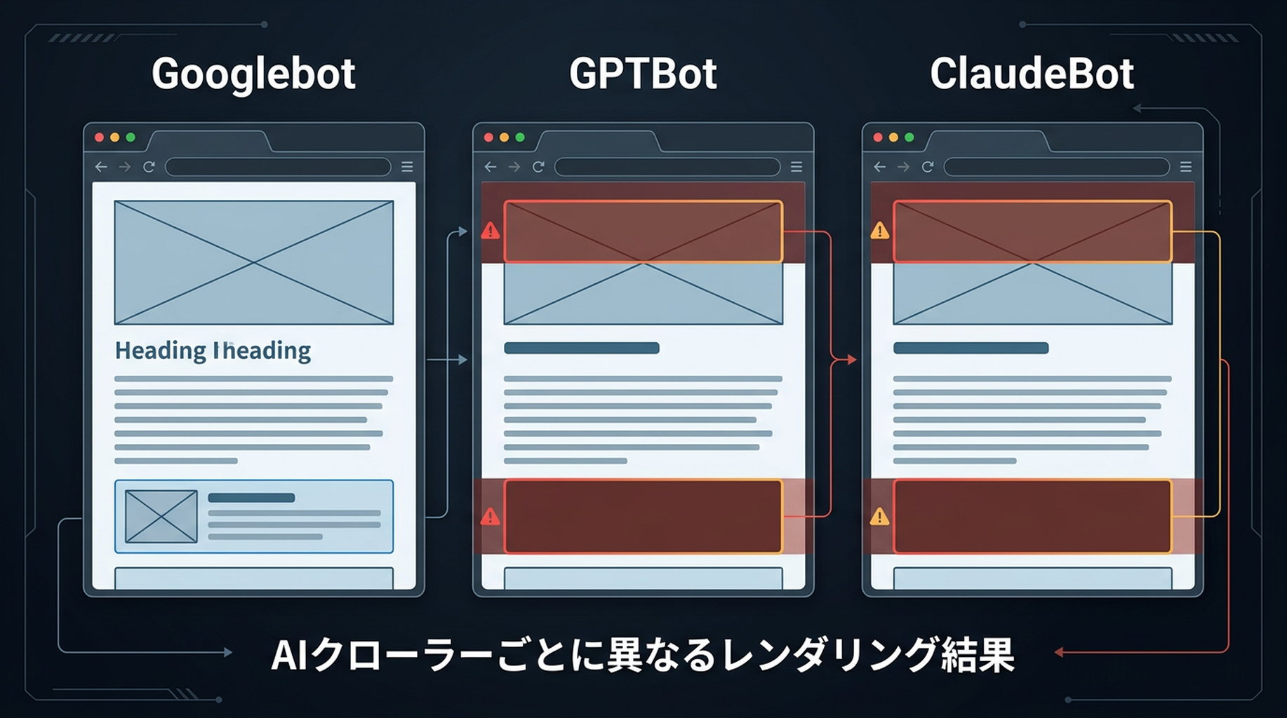 Googlebot、GPTBot、ClaudeBotが同じページをレンダリングした比較図。AIクローラーのビューでは見出しとリンクが欠落している。