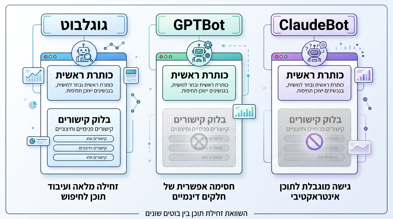 תרשים המשווה את האופן שבו Googlebot‏, GPTBot ו-ClaudeBot מעבדים את אותו עמוד, כאשר כותרת וקישור חסרים בתצוגות סורקי ה-AI.