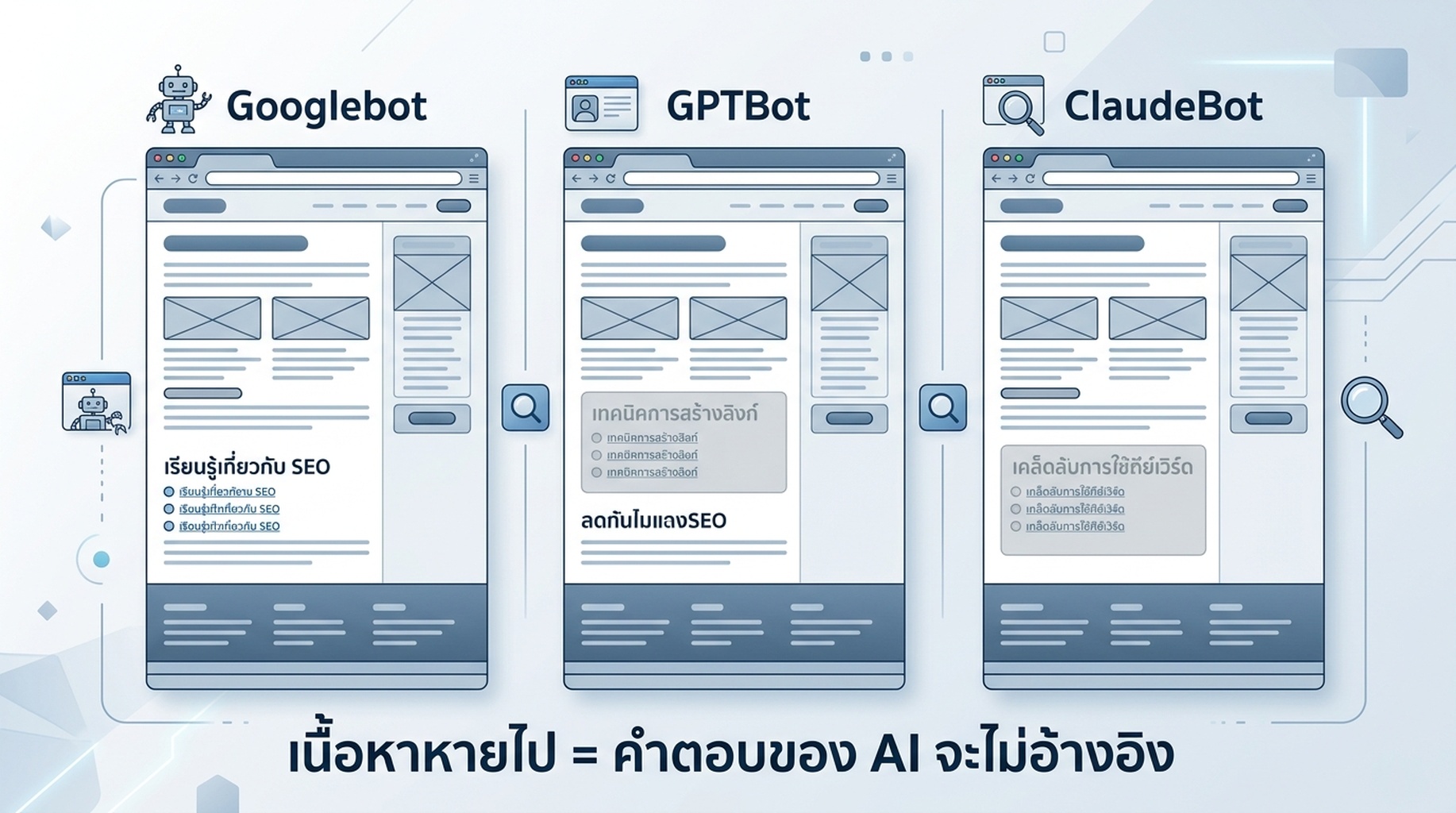 แผนภาพเปรียบเทียบการแสดงผลหน้าเว็บเดียวกันของ Googlebot, GPTBot และ ClaudeBot โดยมีหัวข้อและลิงก์หายไปจากมุมมองของ AI Crawler