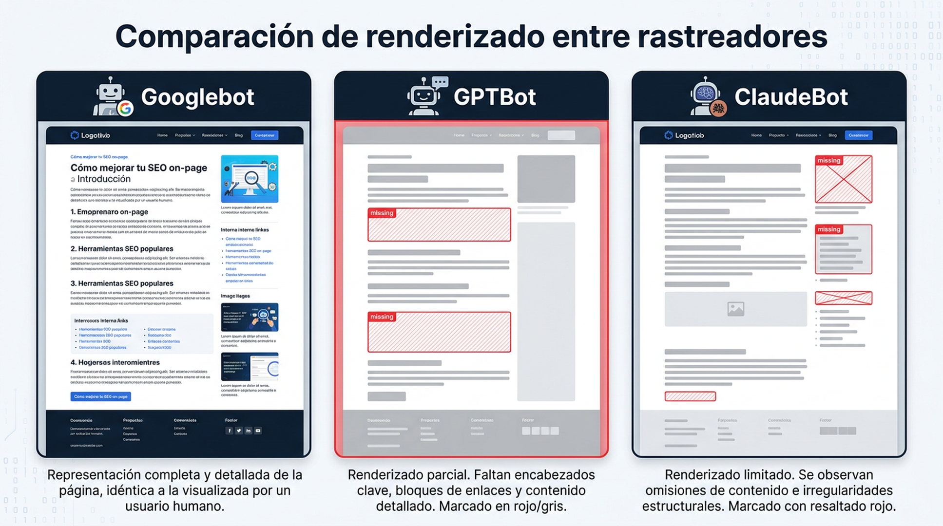 Diagrama que compara cómo Googlebot, GPTBot y ClaudeBot renderizan la misma página, con un encabezado y un enlace faltantes en las vistas de los rastreadores de IA.