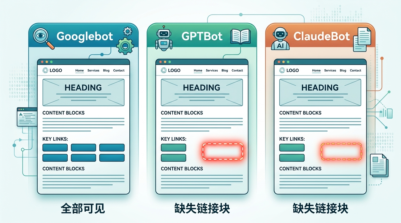 对比 Googlebot、GPTBot 和 ClaudeBot 对同一页面的渲染差异，其中标题和一个链接在 AI 爬虫视图中缺失。