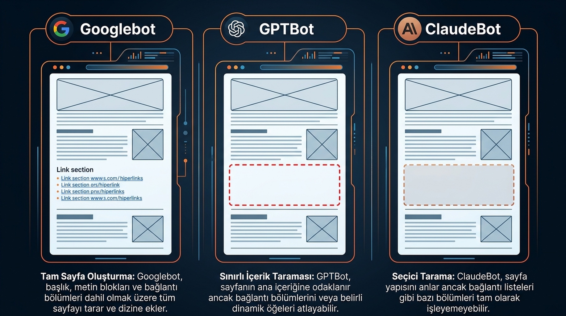 Googlebot, GPTBot ve ClaudeBot'un aynı sayfayı nasıl işlediğini karşılaştıran diyagram; AI tarayıcı görünümlerinde bir başlık ve bağlantı eksik.