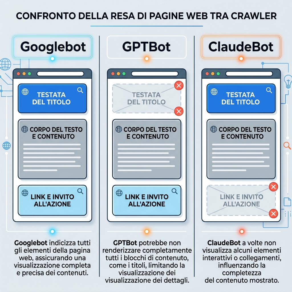 Diagramma che confronta il rendering della stessa pagina da parte di Googlebot, GPTBot e ClaudeBot, con un'intestazione e un link assenti nelle viste dei crawler IA.