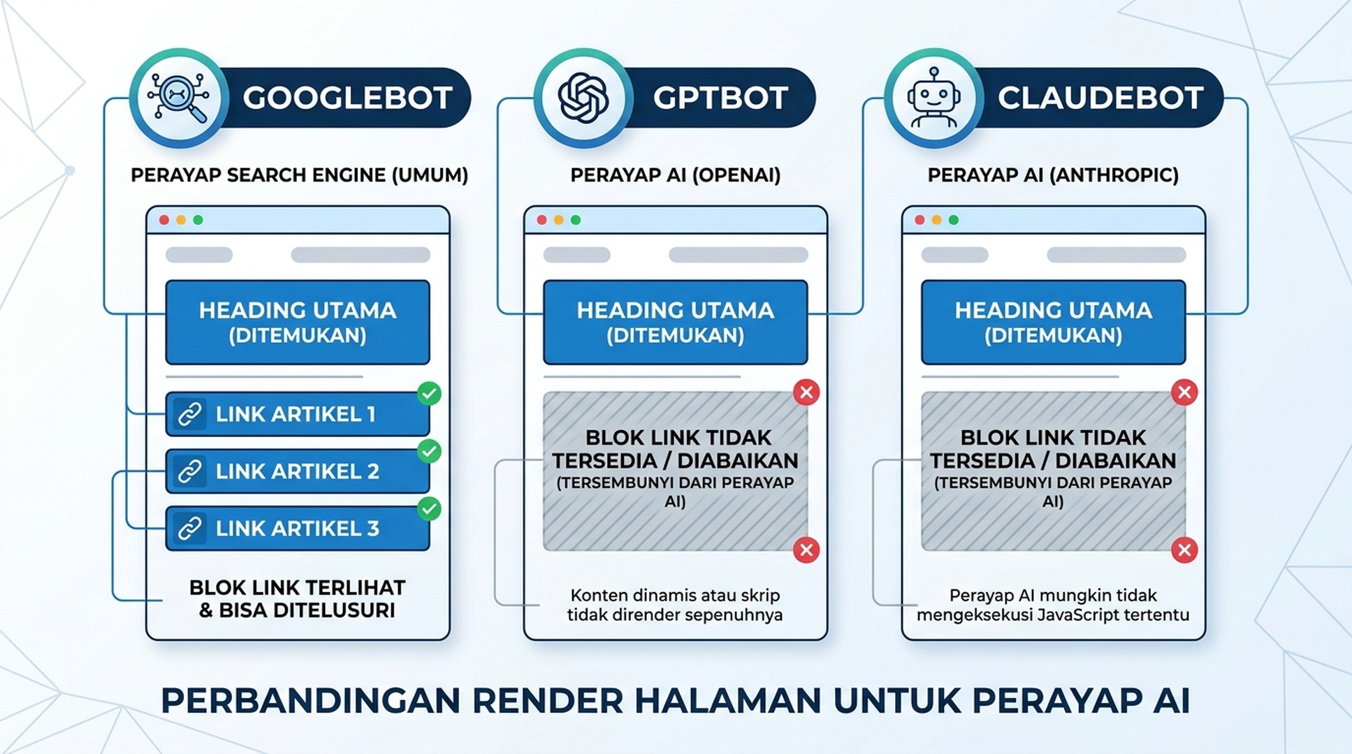 Diagram yang membandingkan bagaimana Googlebot, GPTBot, dan ClaudeBot me-render halaman yang sama, dengan heading dan tautan yang hilang dari tampilan perayap AI.