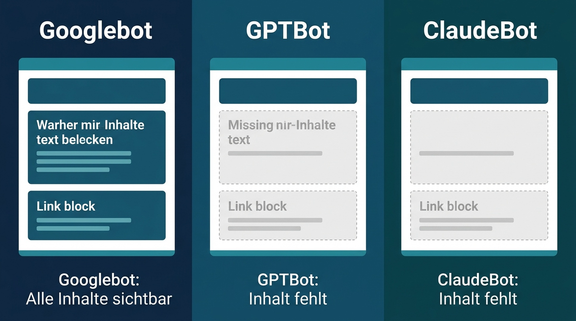Diagramm, das vergleicht, wie Googlebot, GPTBot und ClaudeBot dieselbe Seite rendern, wobei eine Überschrift und ein Link in den KI-Crawler-Ansichten fehlen.