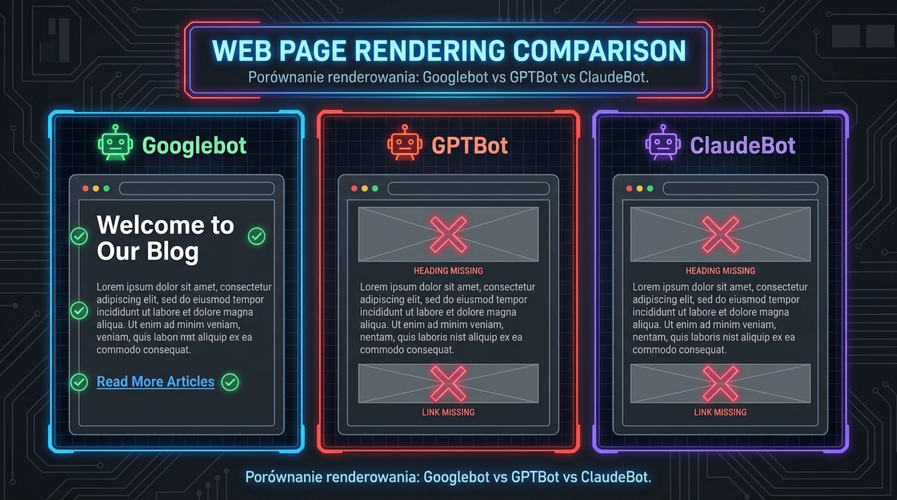 Diagram porównujący, jak Googlebot, GPTBot i ClaudeBot renderują tę samą stronę, z brakującym nagłówkiem i linkiem w widokach crawlerów AI.