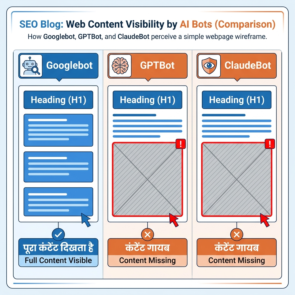 Googlebot, GPTBot, और ClaudeBot एक ही पेज को कैसे रेंडर करते हैं इसकी तुलना करता आरेख, जिसमें AI क्रॉलर दृश्यों से एक हेडिंग और लिंक गायब है।