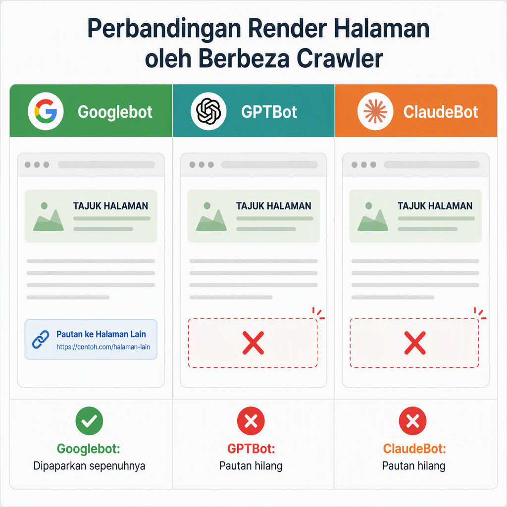 Gambar rajah membandingkan cara Googlebot, GPTBot, dan ClaudeBot memaparkan halaman yang sama, dengan tajuk dan pautan yang hilang daripada pandangan perangkak AI.