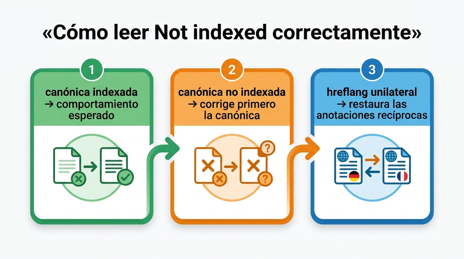 Visual de decisión para interpretar el estado No indexado en Search Console: canónica indexada significa comportamiento esperado, canónica no indexada significa corregir primero la canónica, hreflang unilateral significa restaurar las anotaciones recíprocas