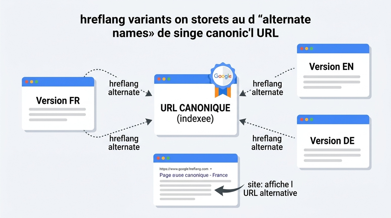 Schéma montrant les variantes hreflang mappées comme noms alternatifs d'une URL canonique indexée, avec la note que les requêtes site: peuvent afficher des URL alternatives qui redirigent