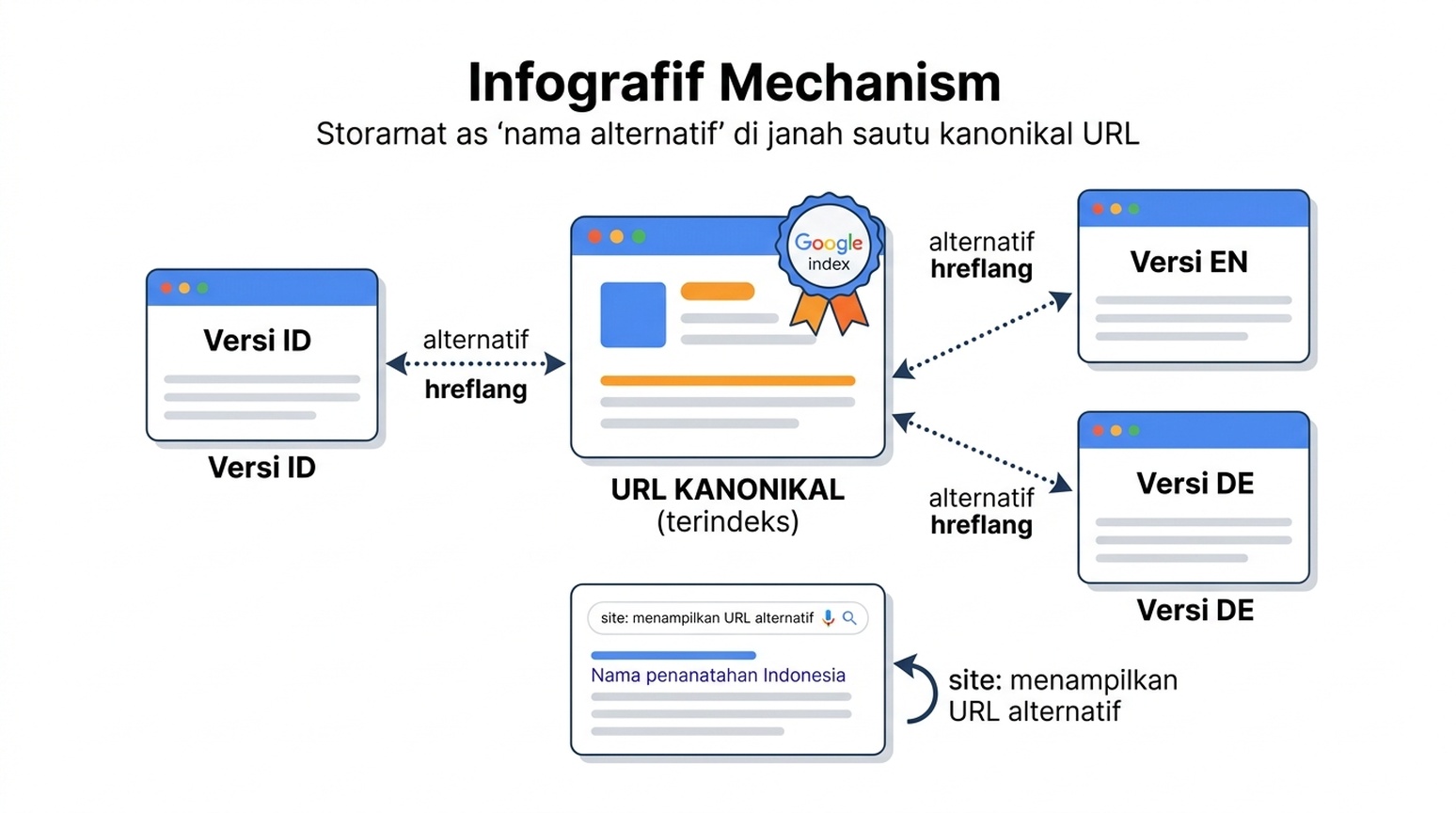 Diagram yang menunjukkan varian hreflang dipetakan sebagai nama alternatif dari URL kanonikal yang terindeks, dengan catatan bahwa kueri site: dapat menampilkan URL alternatif yang melakukan redirect