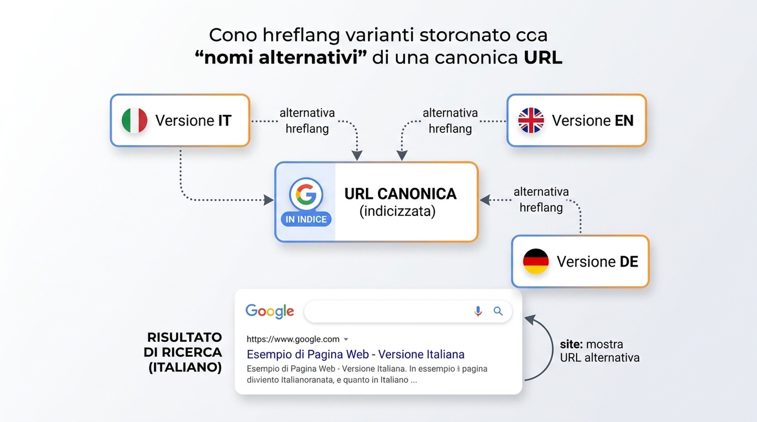 Diagramma che mostra le varianti hreflang mappate come nomi alternativi di una URL canonica indicizzata, con nota che le query site: possono mostrare URL alternative che reindirizzano