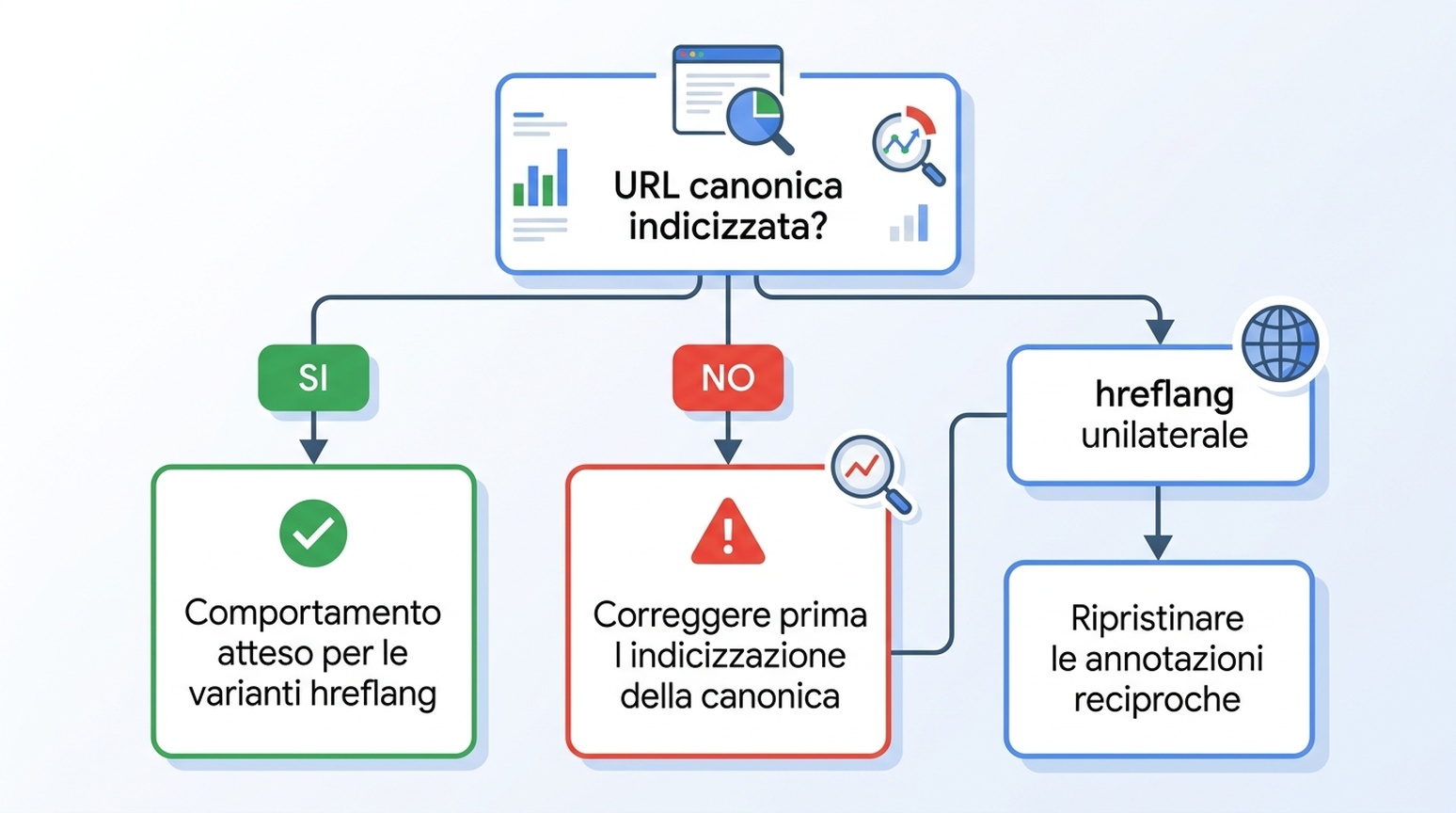Visuale di decisione per interpretare lo stato Non indicizzata in Search Console: canonica indicizzata significa comportamento atteso, canonica non indicizzata significa correggere prima la canonica, hreflang unilaterale significa ripristinare le annotazioni reciproche