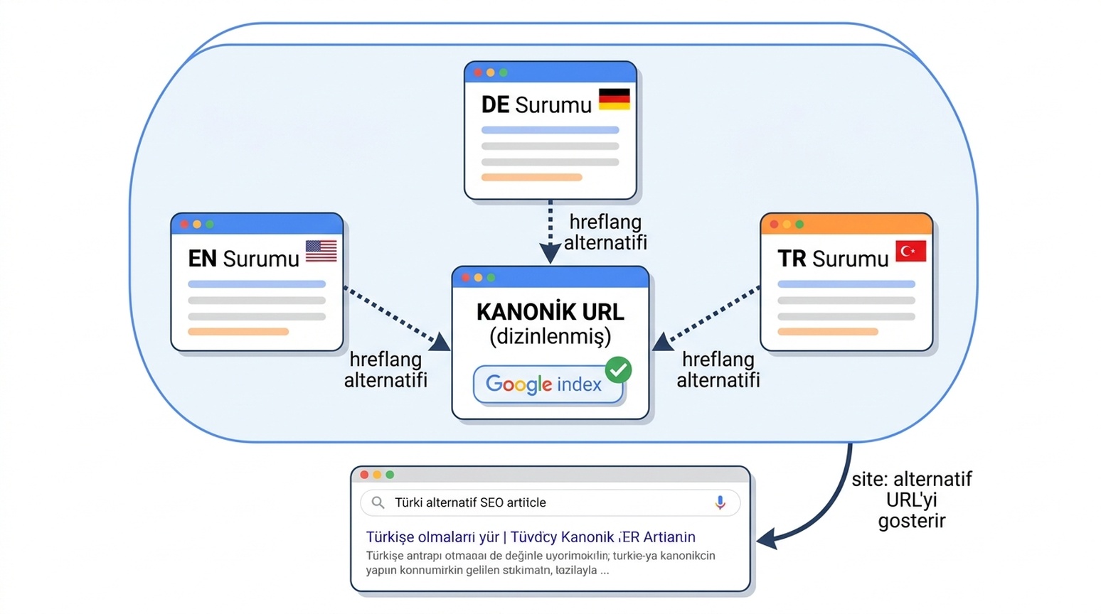 Hreflang varyantlarının dizine alınmış kanonik URL'nin alternatif adları olarak eşlendiğini gösteren diyagram; site: sorgularının yönlendiren alternatif URL'leri gösterebileceği notuyla birlikte