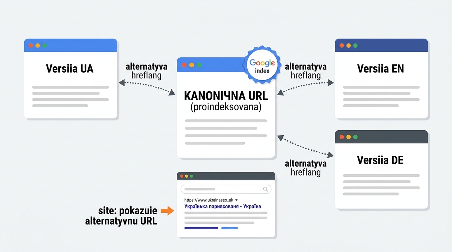 Схема, що показує варіанти hreflang як альтернативні назви проіндексованого канонічного URL, з приміткою, що запити site: можуть показувати альтернативні URL з перенаправленням