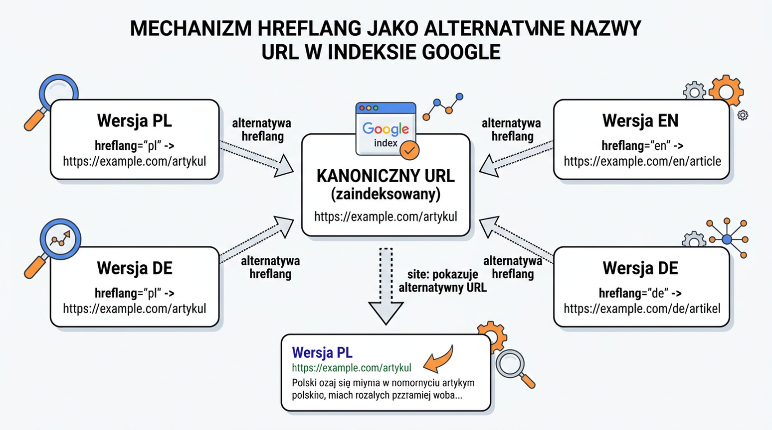 Schemat pokazujący warianty hreflang jako nazwy alternatywne zaindeksowanego kanonicznego adresu URL, z notą, że zapytania site: mogą pokazywać alternatywne adresy z przekierowaniem