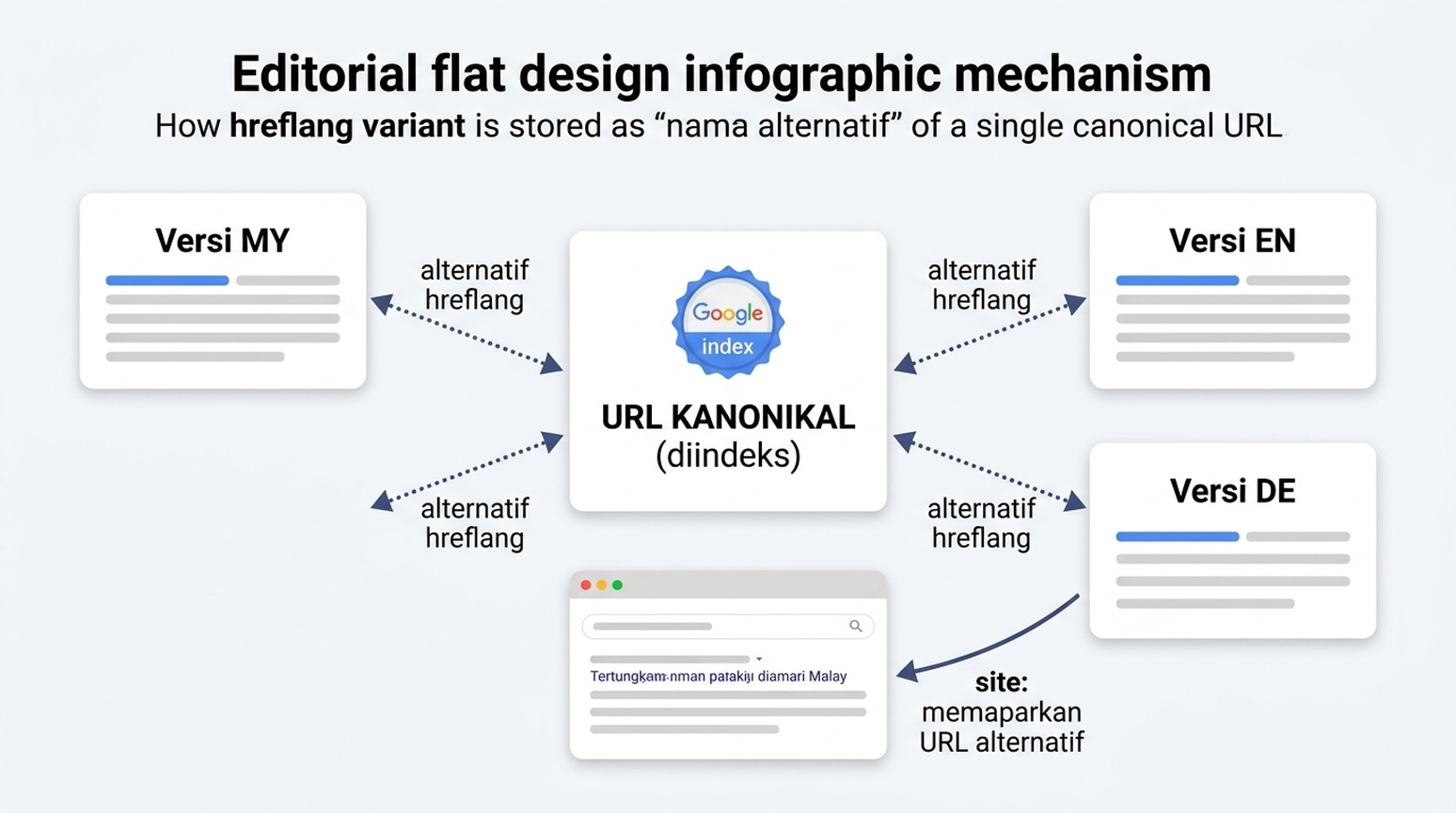 Gambar rajah menunjukkan varian hreflang dipetakan sebagai nama alternatif bagi URL kanonikal yang diindeks, dengan nota bahawa pertanyaan site: boleh memaparkan URL alternatif yang mengubah hala