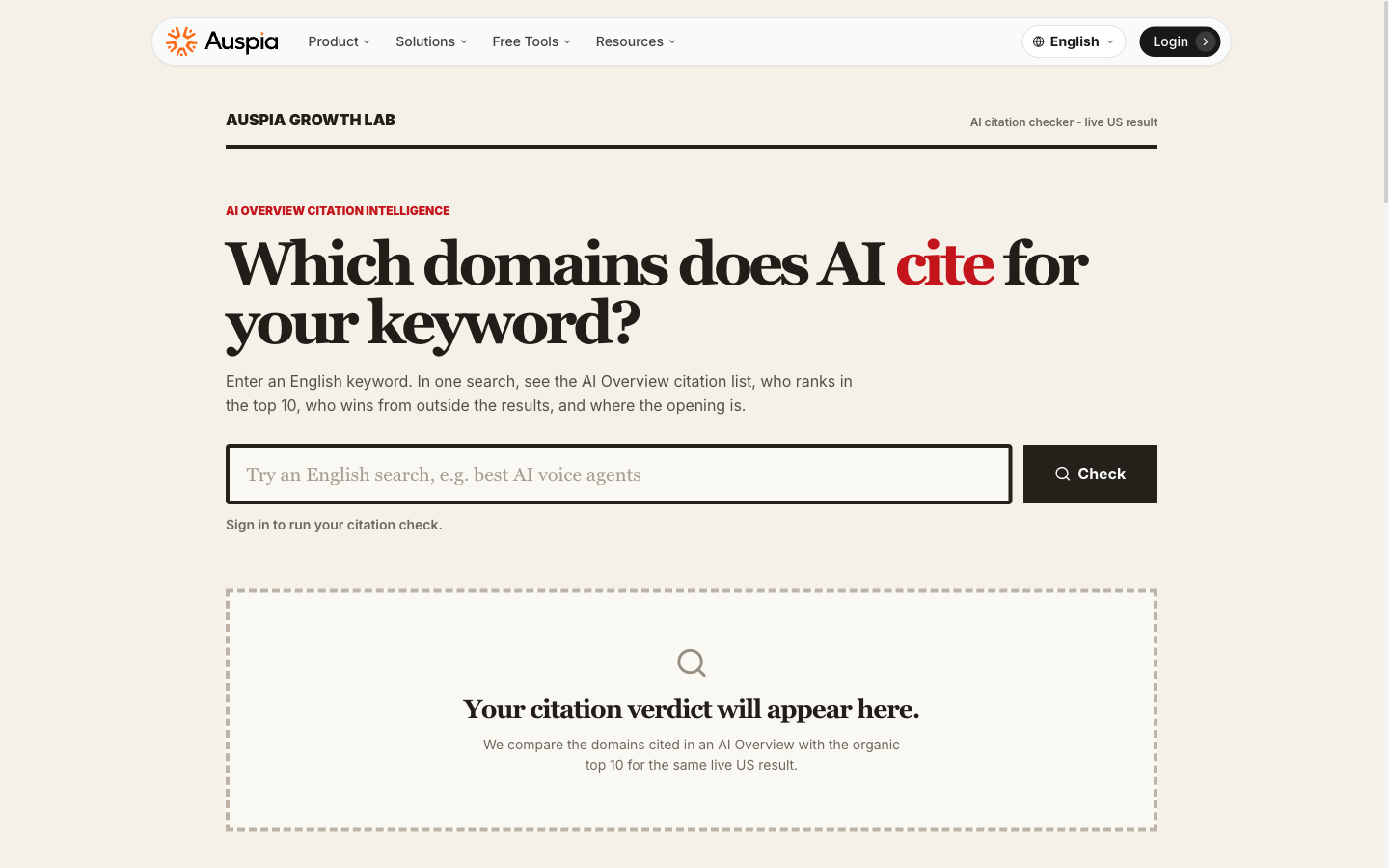 The AI Overview Citation Checker interface with the keyword input field, Check button, and sign-in prompt.