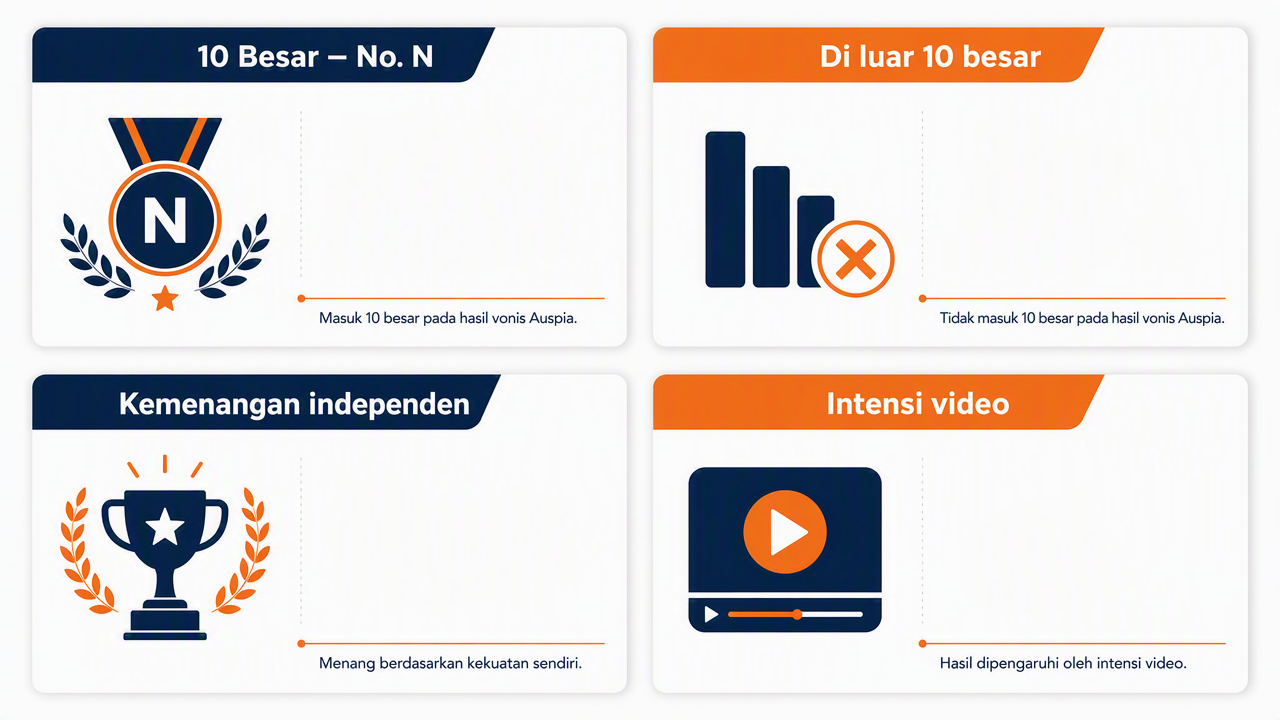 Empat label vonis di halaman alat Auspia: 10 Besar - #N, Di luar 10 besar, Kemenangan independen, dan Intensi video.