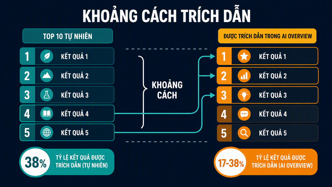 Sơ đồ so sánh kết quả top 10 tự nhiên với trích dẫn AI Overview: mức chồng lấn giảm từ 76% xuống 38%, làm nổi bật các tên miền được trích dẫn nhưng không xếp hạng.