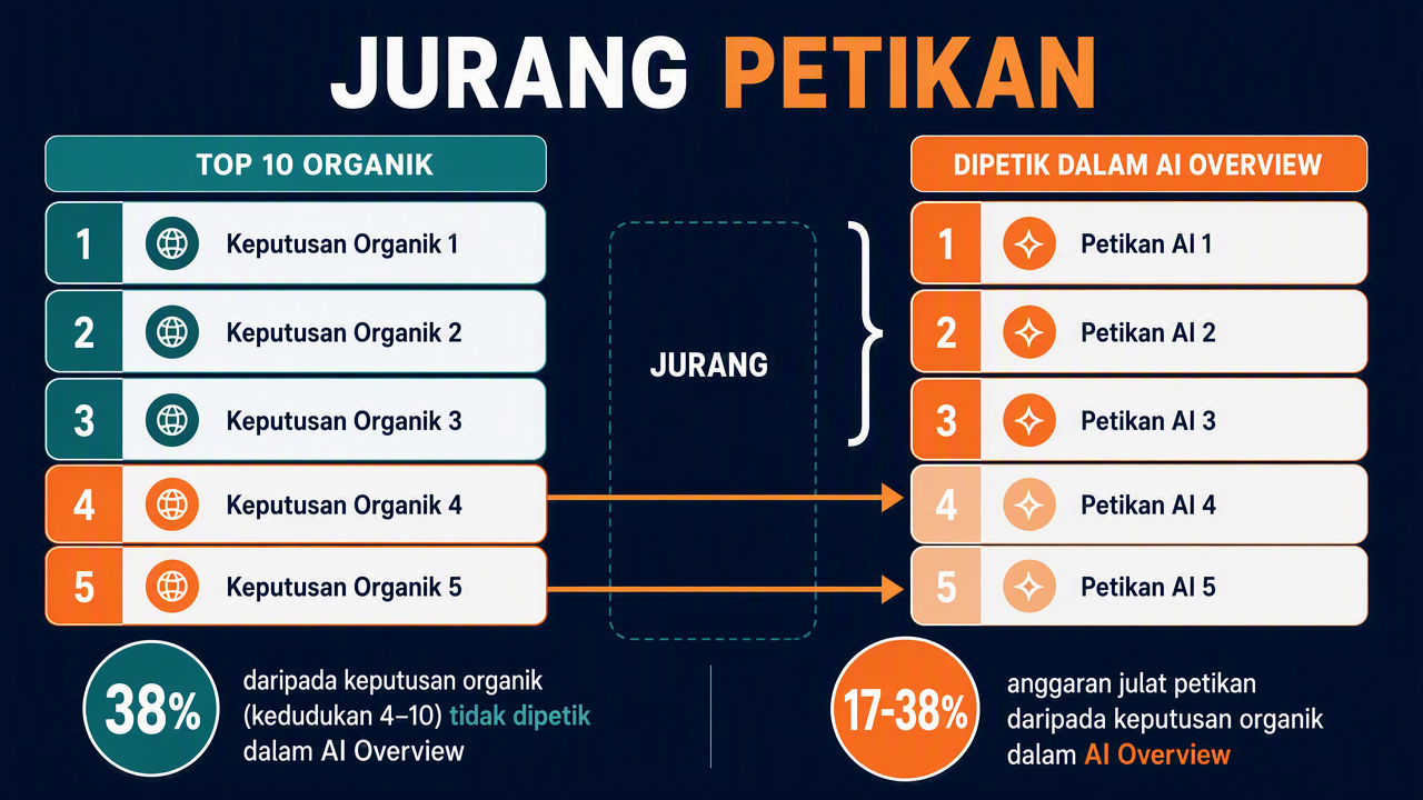 Gambar rajah membandingkan hasil 10 teratas organik dengan petikan AI Overview: pertindihan jatuh daripada 76% kepada 38%, menyerlahkan domain dipetik yang tidak menduduki kedudukan.