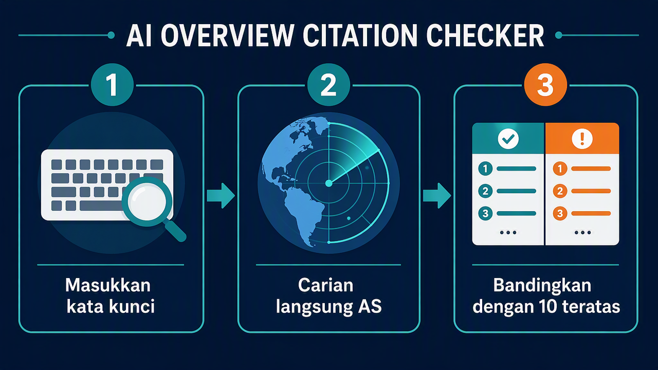 Gambar rajah aliran tiga langkah AI Overview Citation Checker: memasukkan kata kunci, carian langsung di AS, membandingkan peta petikan dengan 10 teratas organik.
