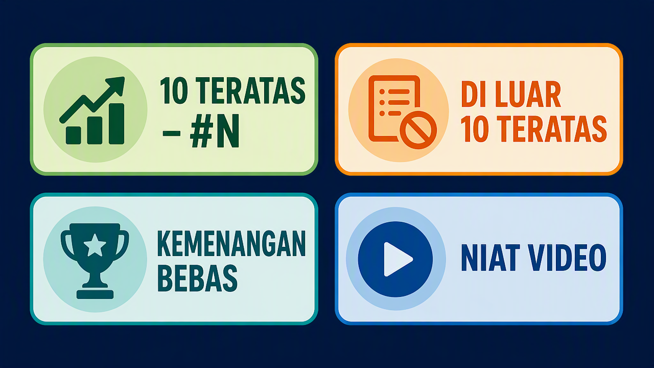 Empat label keputusan pada halaman alat Auspia: 10 Teratas – #N, Di luar 10 teratas, Kemenangan bebas, Niat video.