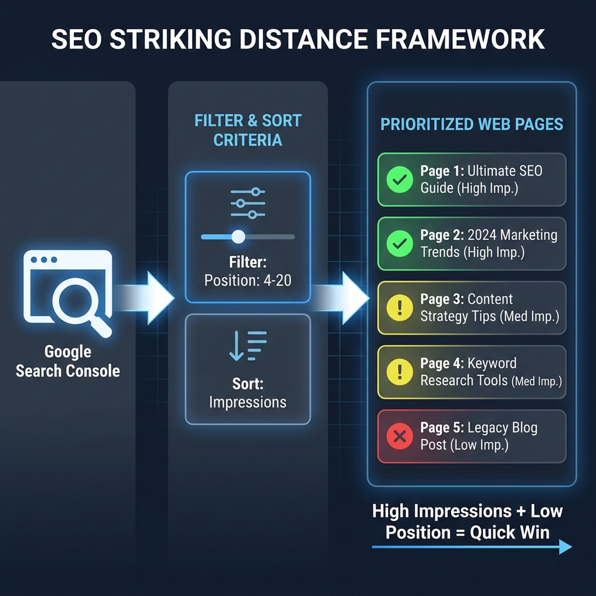 Google Search Console striking distance analysis workflow showing position filter 4-20 and impression sorting for quick-win identification