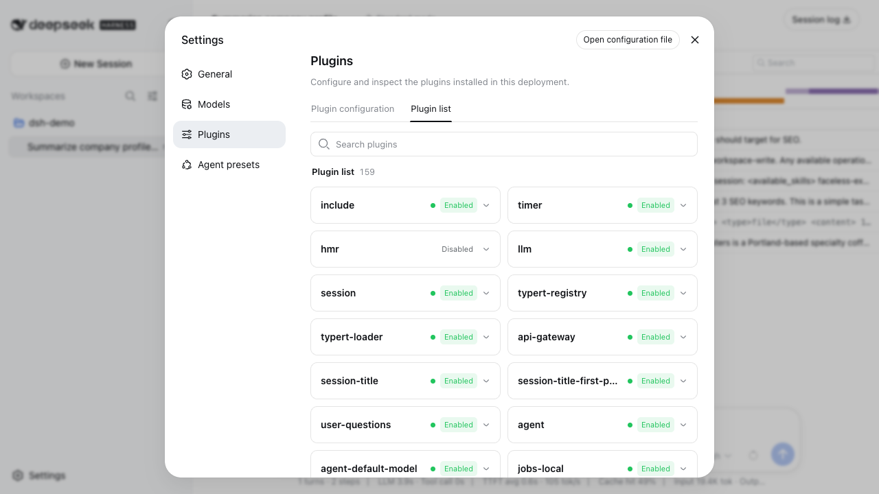 DeepSeek Harness web UI with the plugin list showing 159 plugins and their enabled or disabled status