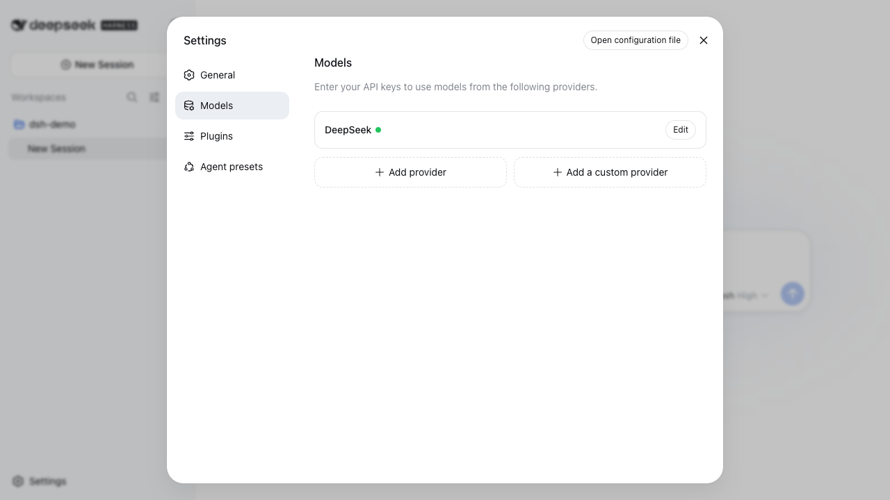 DeepSeek Harness Settings page, Models tab, showing the DeepSeek provider with an API key configured badge