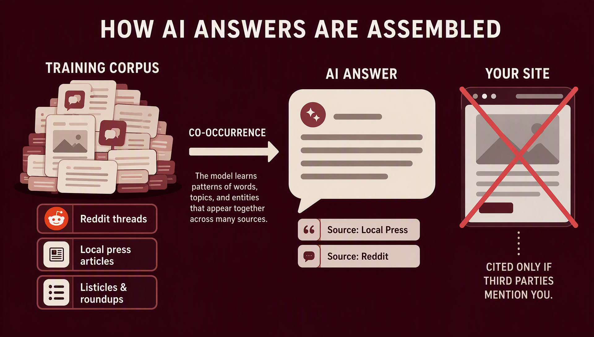 Diagram of how AI answers are assembled: a training corpus of threads and articles, a co-occurrence arrow into an AI answer bubble with citation chips, and your site crossed out with the caption cited only if third parties mention you
