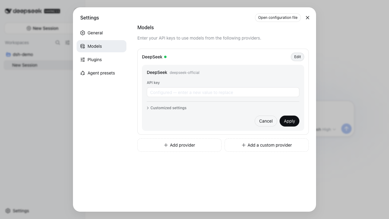 DeepSeek Harness API key edit form with the placeholder Configured — enter a new value to replace