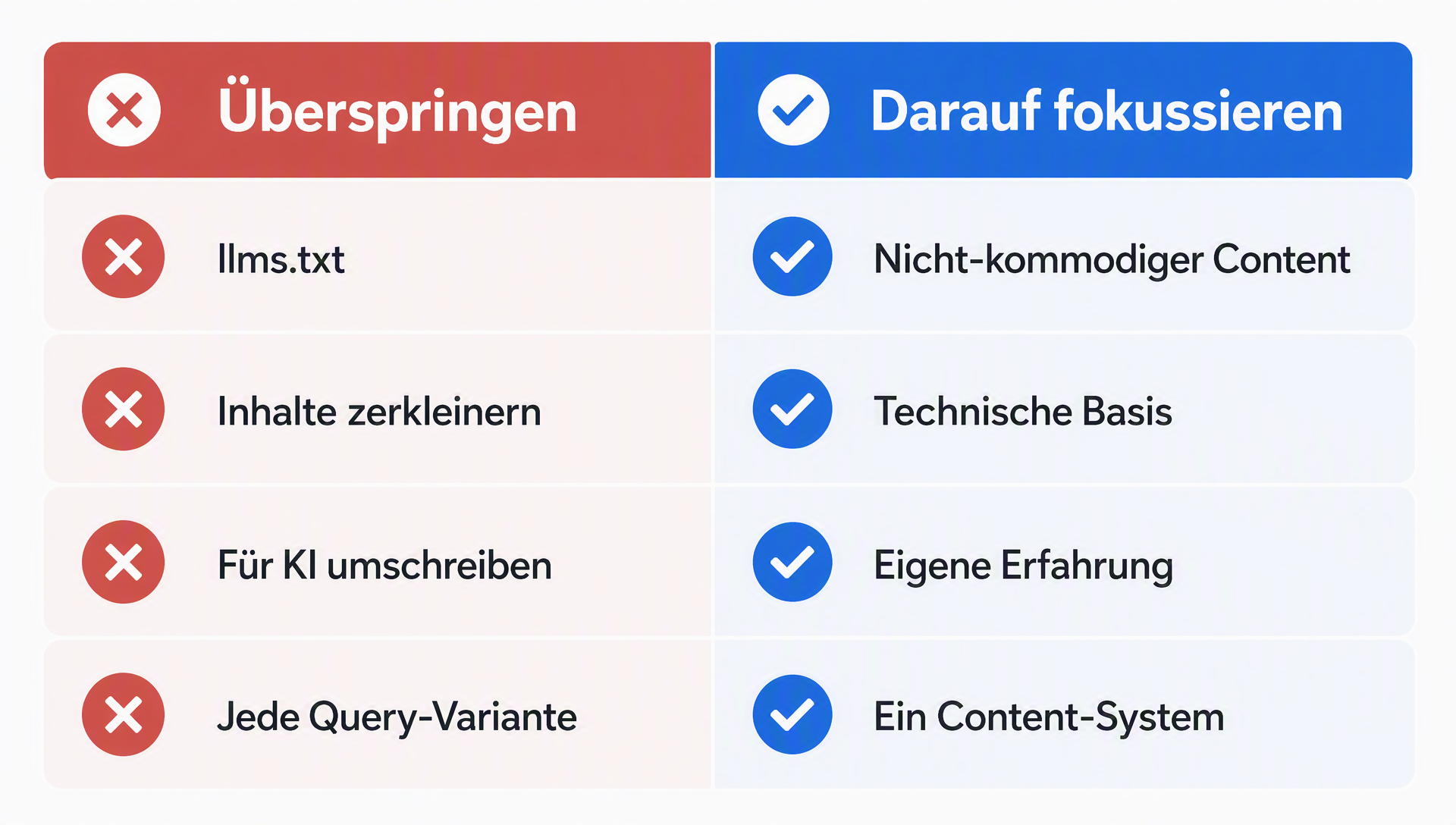 Vergleich der Taktiken, die Google als überflüssig einstuft, gegenüber den Prioritäten, auf die es für generative KI-Sichtbarkeit setzt