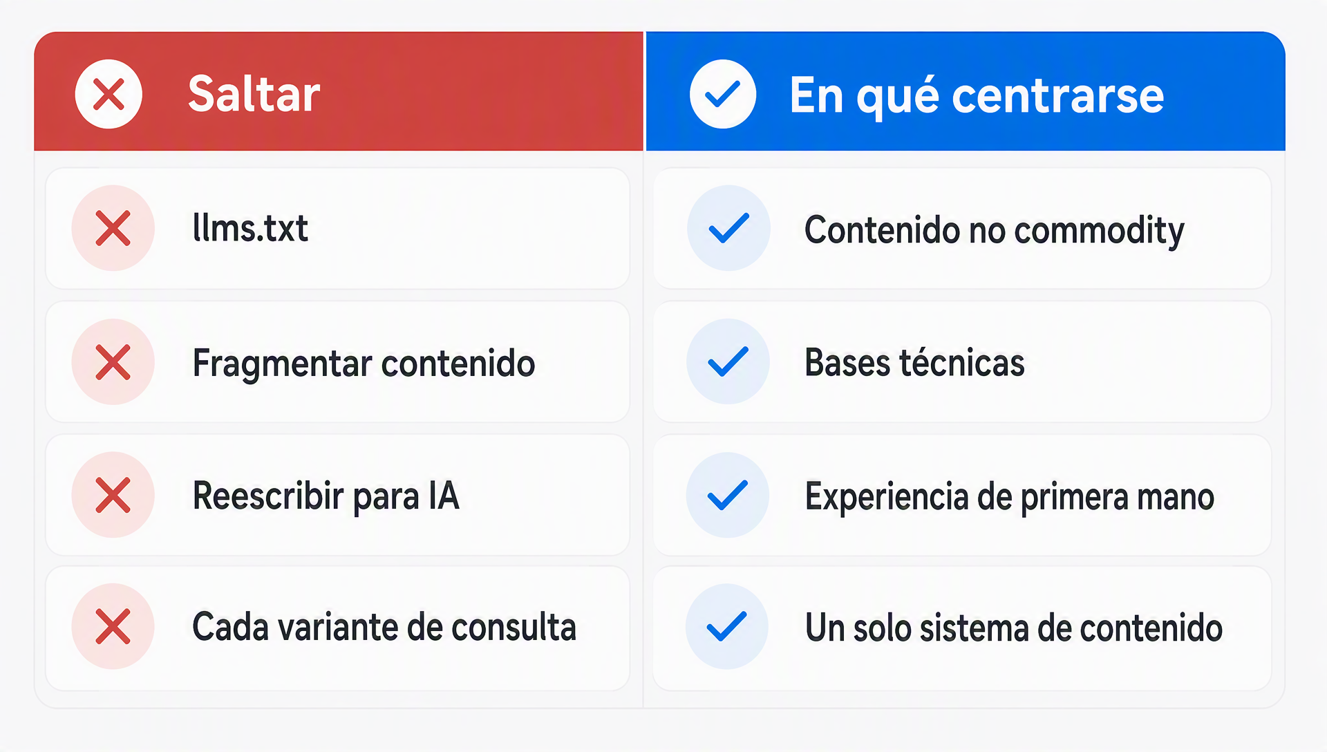 Comparación de las tácticas que Google dice omitir frente a las prioridades en las que dice centrarse para la visibilidad con IA generativa